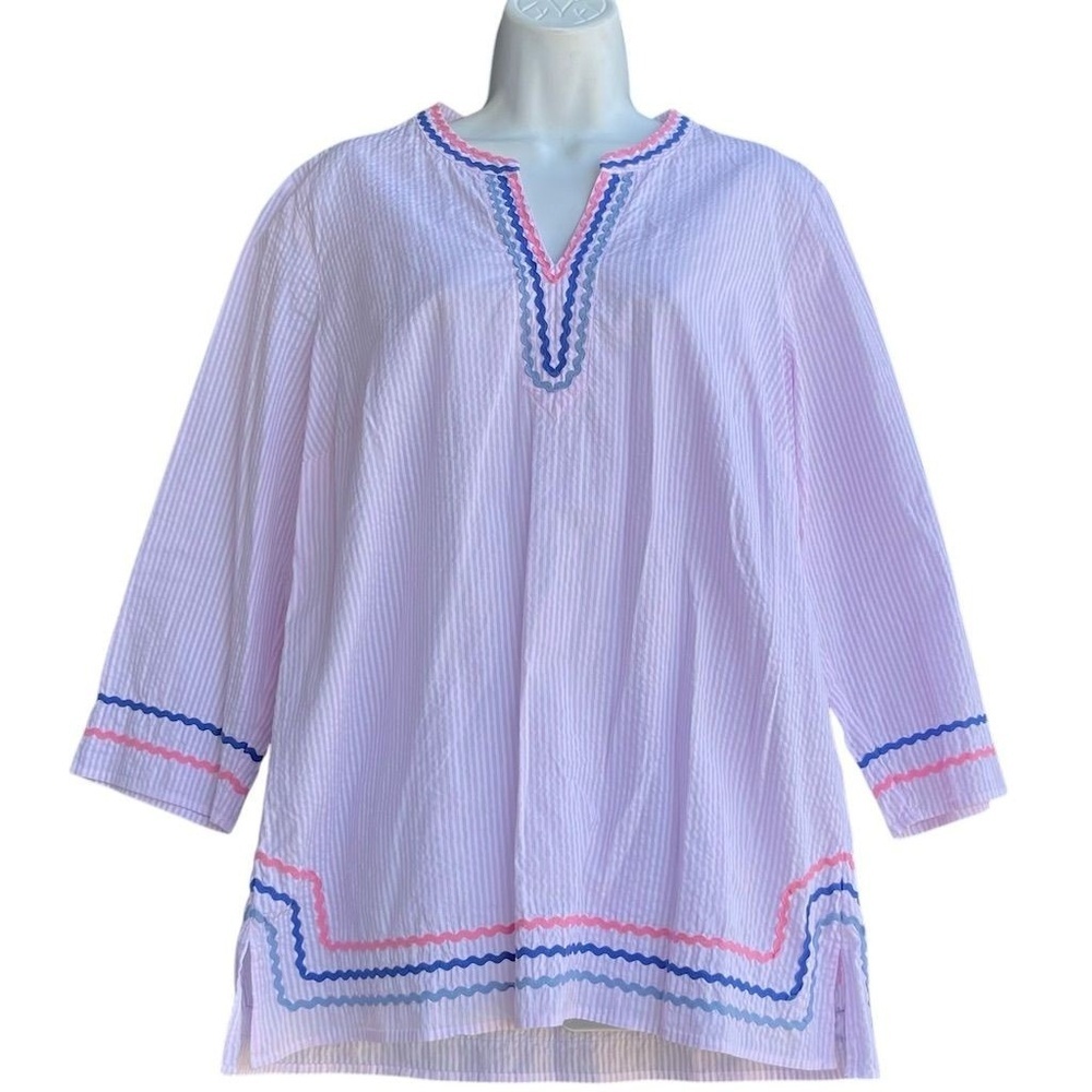 Talbots Striped Ribbon Seeksucker Tunic Top Size L Multicolor Casual Blouse